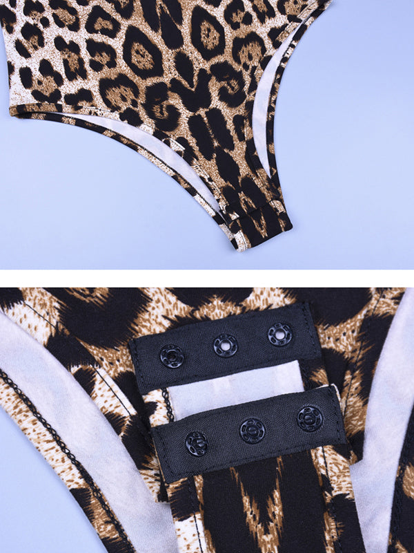 Long Sleeves Wrap Leopard High-Neck Bodysuits