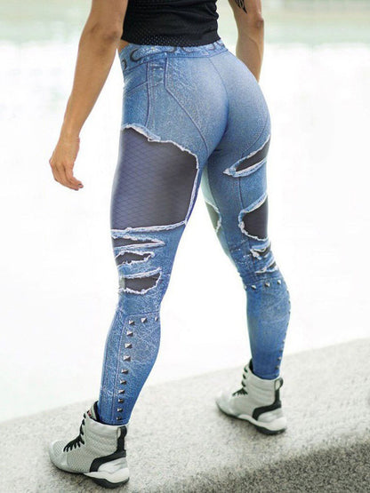 Hip-Lift Printed Denim Patchwork Sport Legging