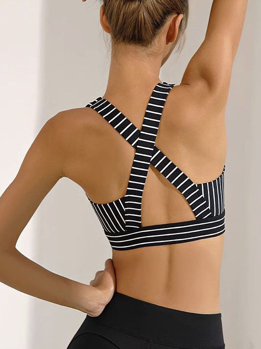 Wrap Back Cross Color-Block Striped Hollow V-Neck Sports Bra