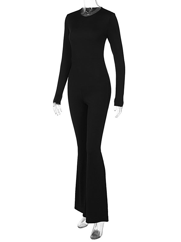 Flared Pants Long Sleeves Backless Solid Color Round-Neck Jumpsuits