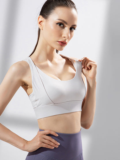 Wrap Back Cross Hollow Solid Color Spaghetti-Neck Sports Bra