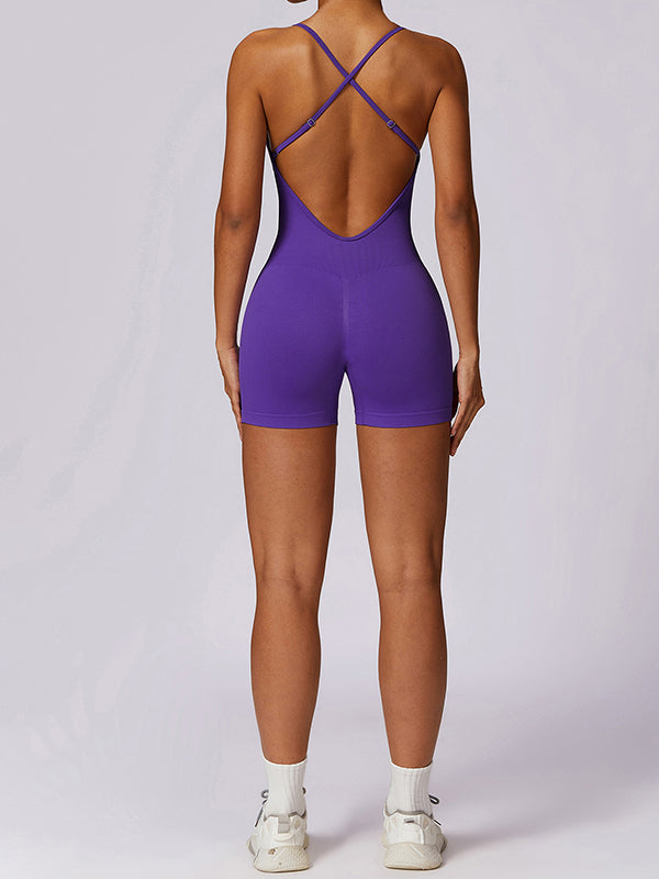 Skinny Back Cross Hollow Solid Color Sports Rompers