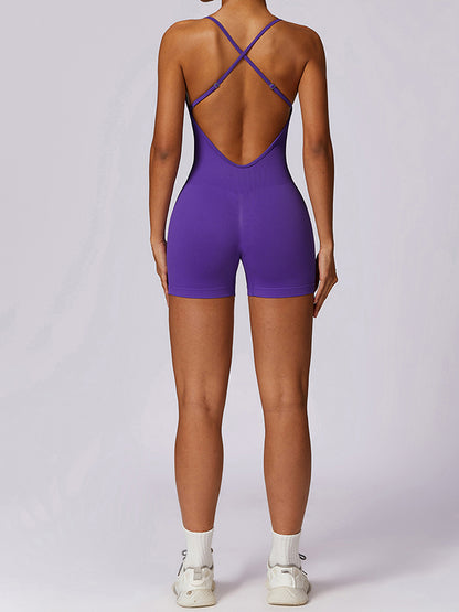 Skinny Back Cross Hollow Solid Color Sports Rompers