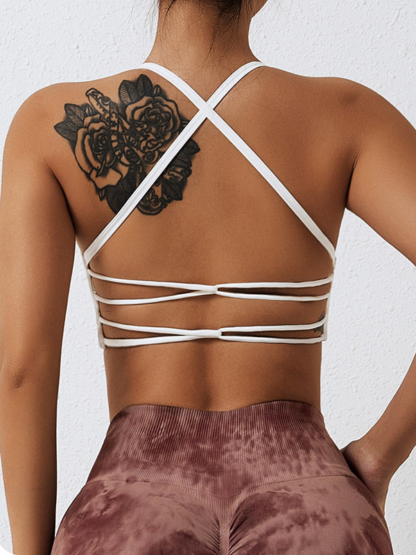 Wrap Back Cross Solid Color Spaghetti-Neck Sports Bra