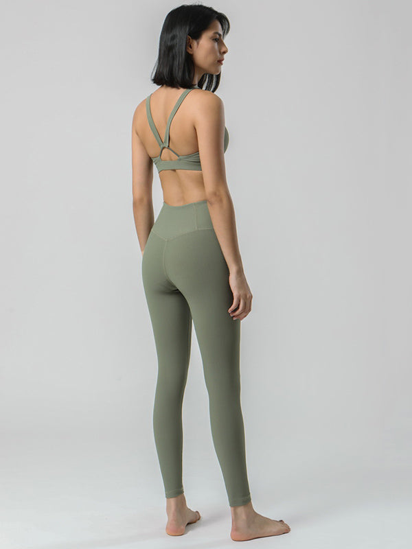 Back Cross Solid Color High-Waisted Bra&Leggings Sports Suits