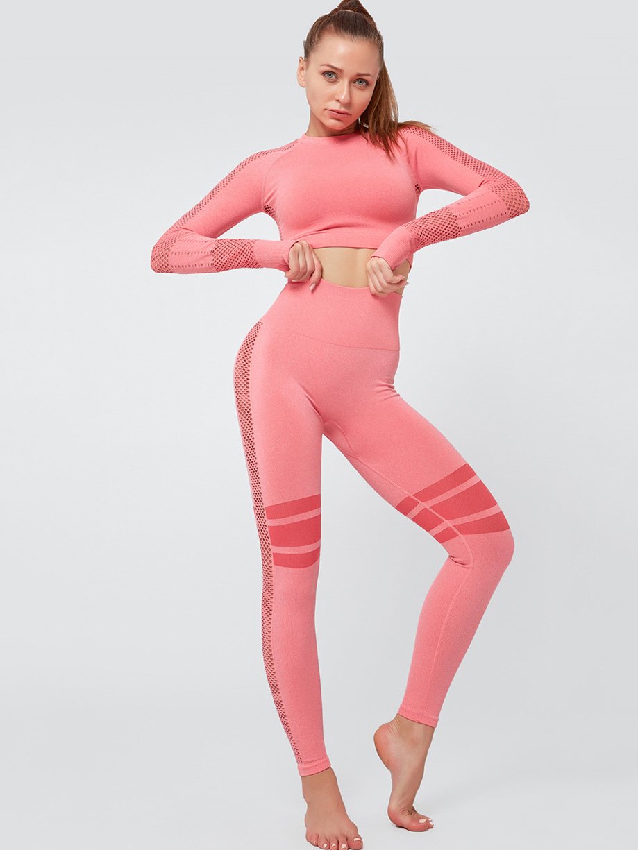 Mesh Hollow Striped Bare Midriff Yoga Suits