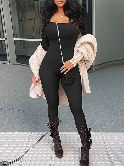 Long Sleeves Skinny Solid Color Square-Neck Jumpsuits