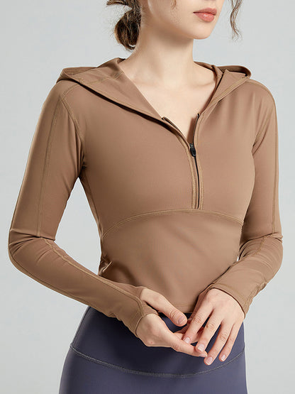 Long Sleeves Wrap Hood Solid Color Zipper V-Neck Yoga Tops