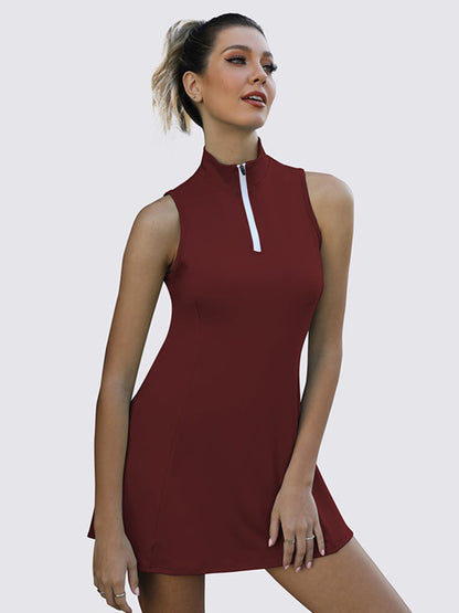 Sleeveless Wrap Solid Color Zipper High-Neck Mini Dresses