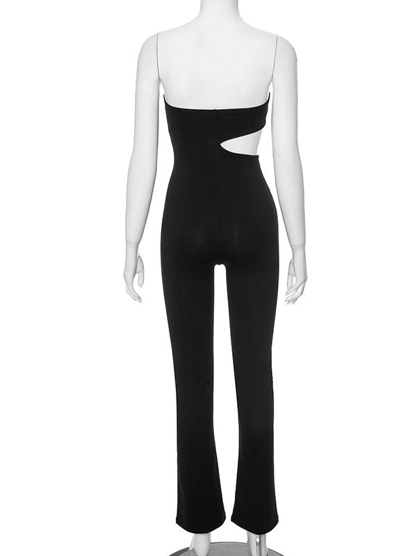 Skinny Sleeveless Hollow Solid Color Tube Jumpsuits