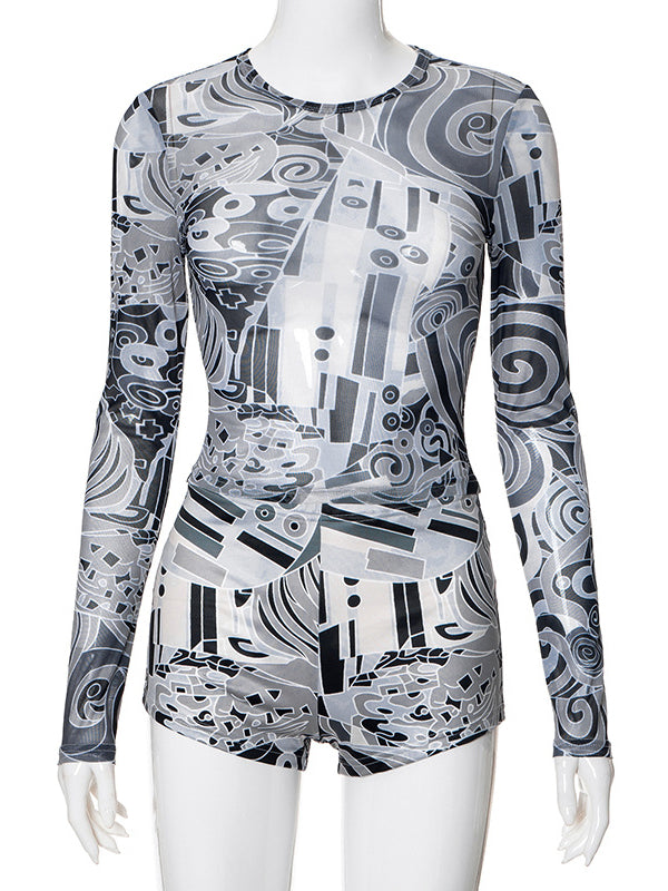 Long Sleeves Skinny Contrast Color Printed Round-Neck Shirts&Shorts Suits