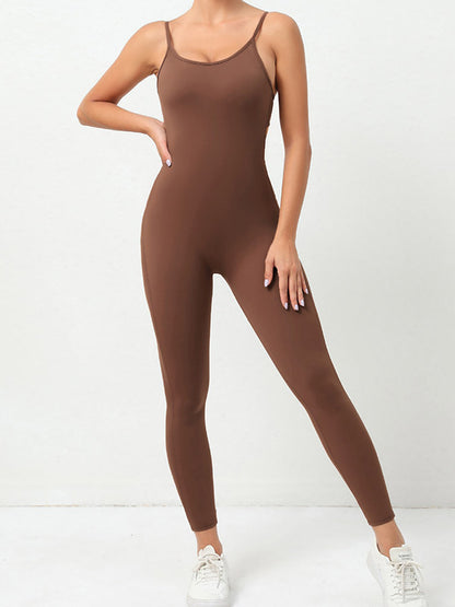 Wrap Hollow Solid Color Spaghetti-Neck Yoga Jumpsuits