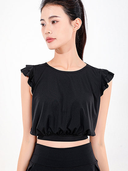 Loose Sleeveless Ruffled Round-Neck Yoga Tops