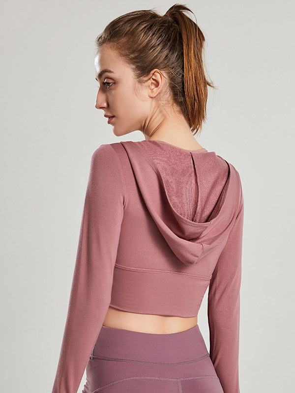 Cropped Long Sleeves Hooded Solid Color Split-Joint U-Neck Yoga Tops