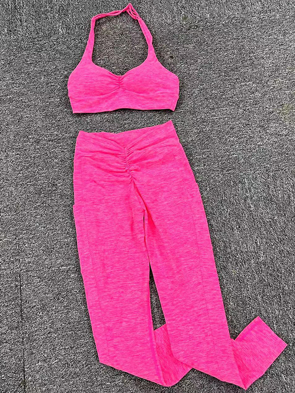 Hollow Pleated Solid Color Halter-Neck Sports Bra&Leggings Suits