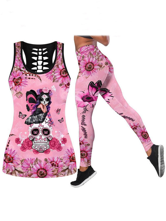 Printed Pink Skull Hollowed Vest&Leggings Sports Suits