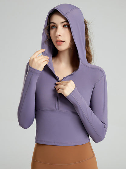 Long Sleeves Wrap Hood Solid Color Zipper V-Neck Yoga Tops