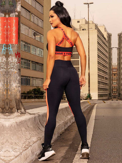 Breathable Contrast Color Hollowed Bra&Leggings Sports Suits