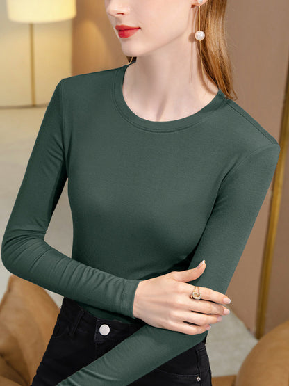 Casual Long Sleeves Skinny Solid Color Round-Neck T-Shirts Tops