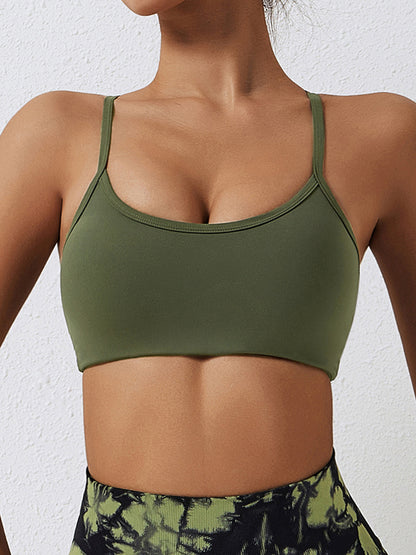 Wrap Back Cross Solid Color Spaghetti-Neck Sports Bra