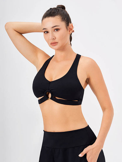 Back Cross Hollow Solid Color Wrap Deep V-Neck Sports Bra