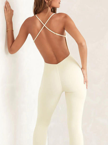 Back Cross Hollow Solid Color Split-Side Spaghetti-Neck Jumpsuits