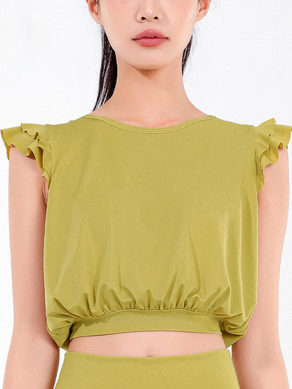 Loose Sleeveless Ruffled Round-Neck Yoga Tops