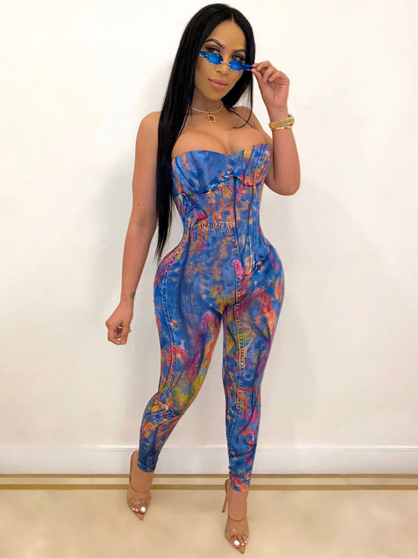 Denim Graffiti Print Lace Up Open Back Gym Jumpsuits