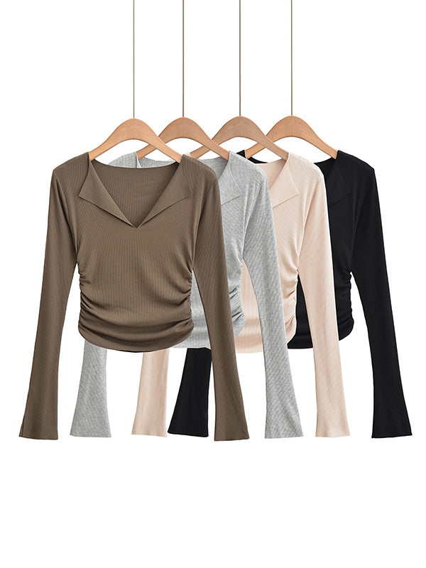 Casual Flared Sleeves Skinny Pleated Solid Color V-Neck T-Shirts Tops