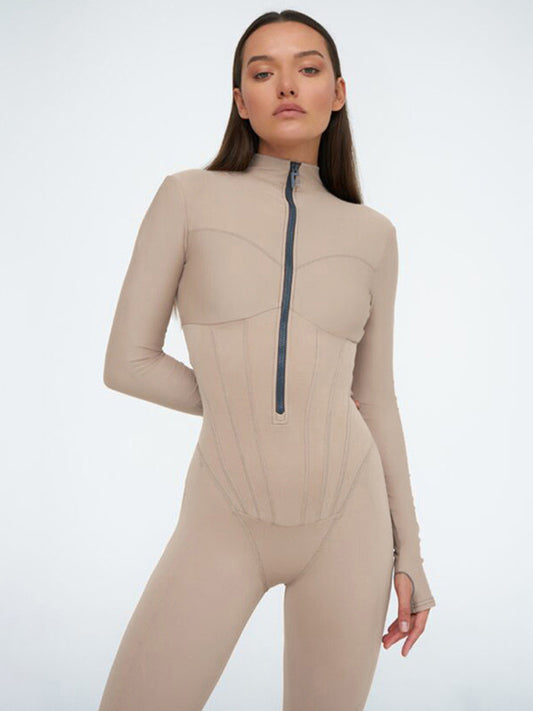 Skinny Solid Color Zipper Round-Neck Jumpsuits