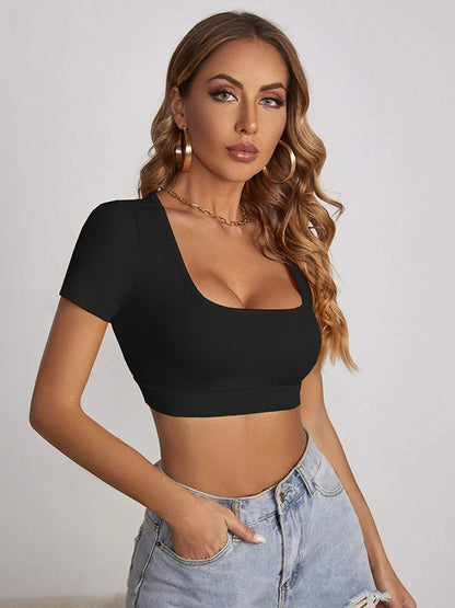 Cropped Skinny Solid Color T-Shirts Square-Neck Tank