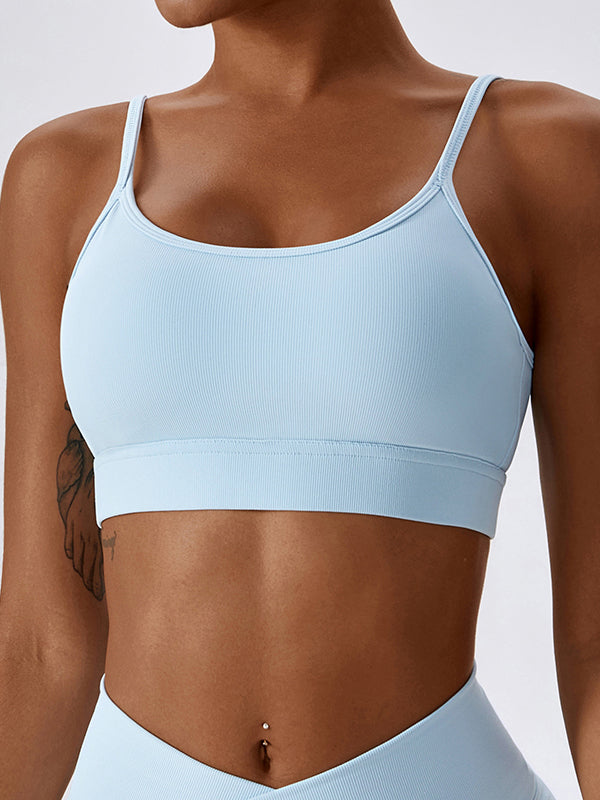 Wrap Back Cross Bandage Hollow Solid Color Striped Spaghetti-Neck Sports Bra