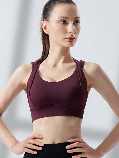 Wrap Back Cross Hollow Solid Color Spaghetti-Neck Sports Bra