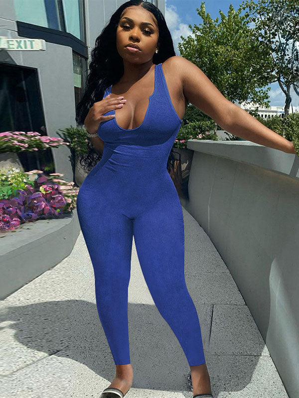 Knitted Solid Color Sleeveless Sports Jumpsuits