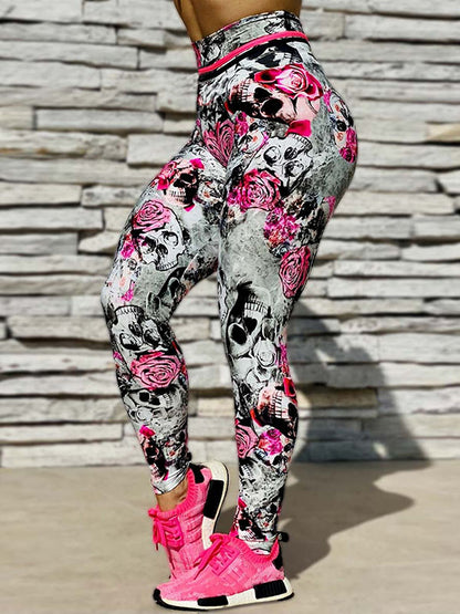 Rose&Skull Print Hips-Lift Shaped High Waisted Sport Leggings