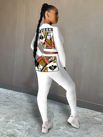 Long Sleeve Spades Q Playing Card Q Tie Top&Leggings Suits