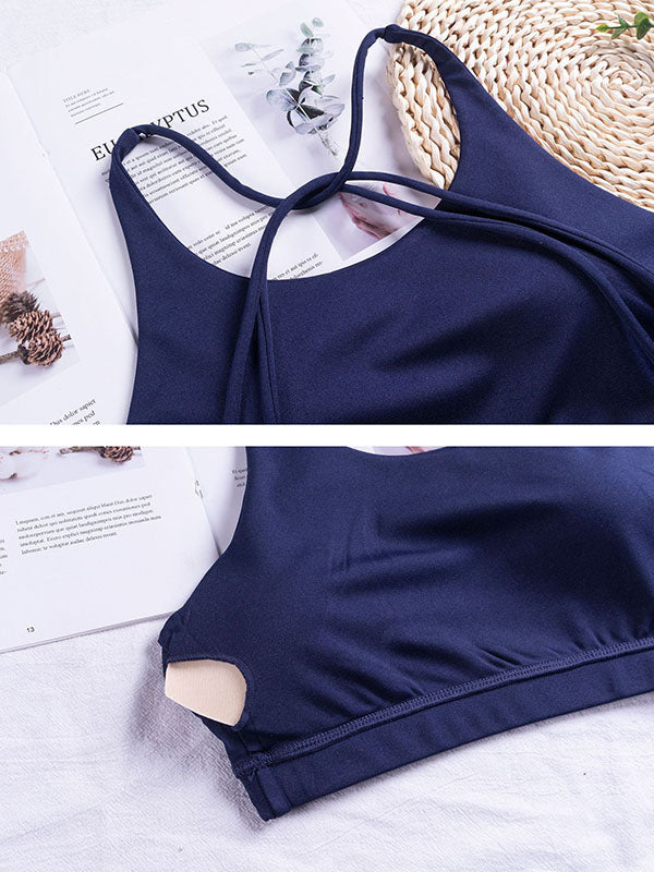 Skinny Wrap Hollow Sports Bra Solid Color Yoga Tops Spaghetti-Neck Bra