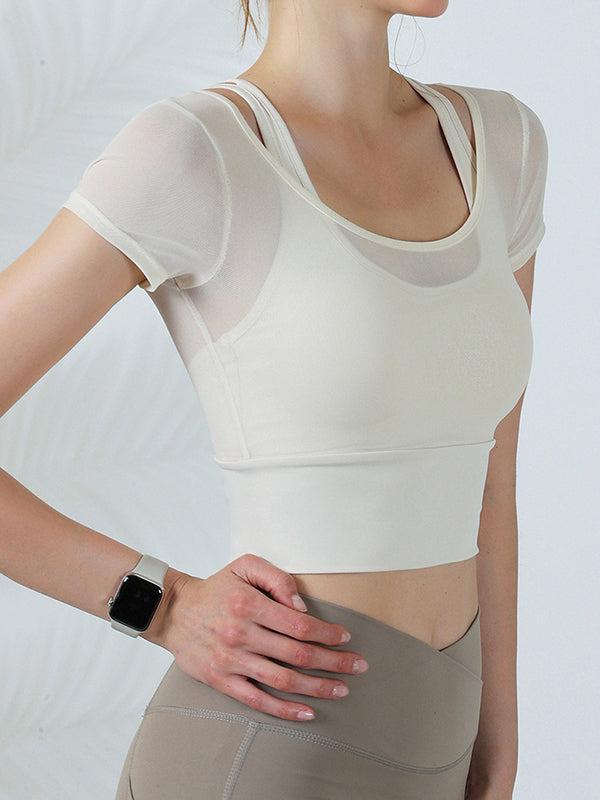 False Two Skinny Hollow Solid Color Split-Joint Spaghetti-Neck Yoga Tops