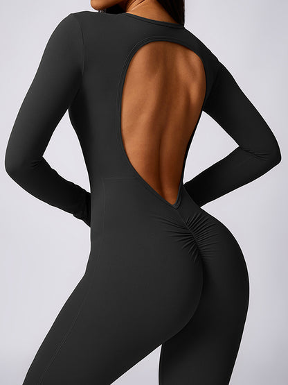 Flared Pants Backless Pleated Solid Color Round-Neck Jumpsuits