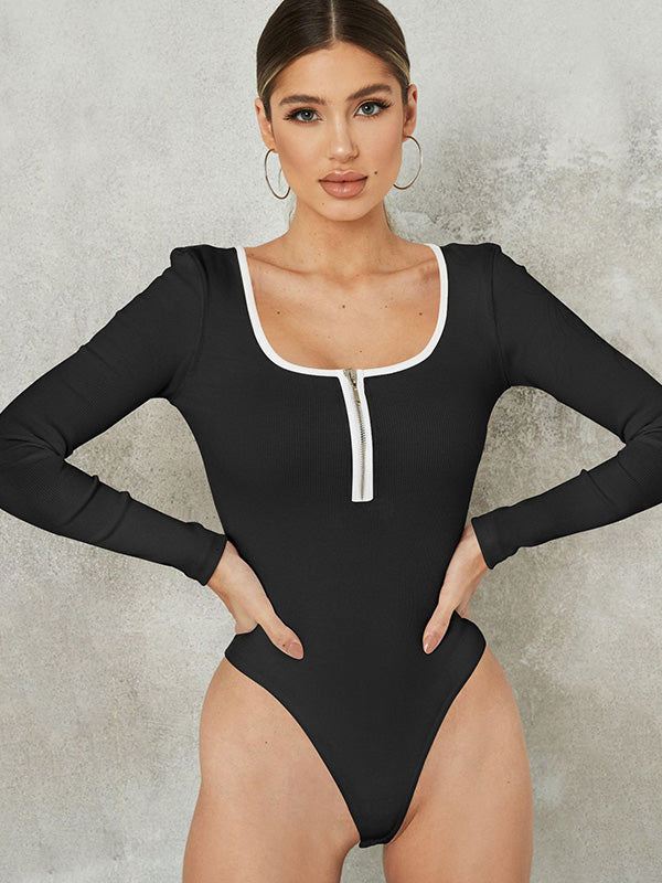 Casual Skinny Long Sleeves Contrast Color Square-Neck Bodysuits