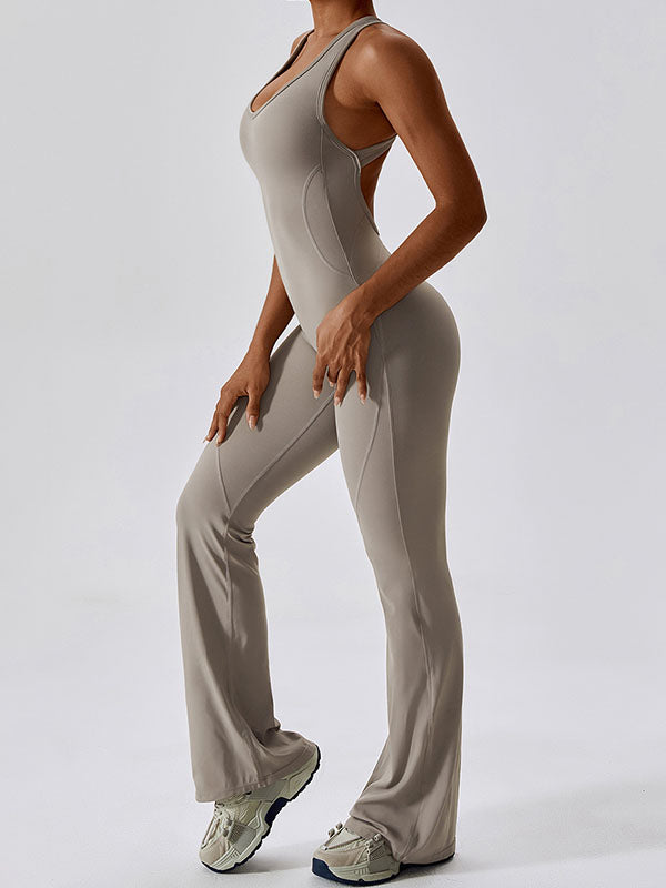 Skinny Wrap Backless Solid Color U-Neck Jumpsuits