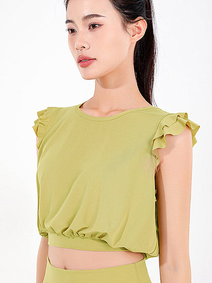 Loose Sleeveless Ruffled Round-Neck Yoga Tops