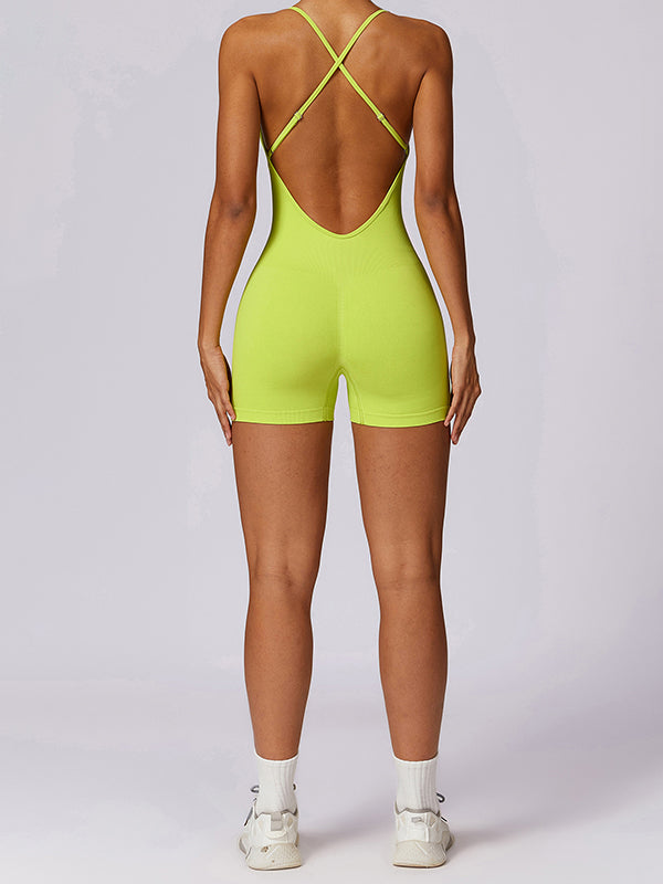 Skinny Back Cross Hollow Solid Color Sports Rompers