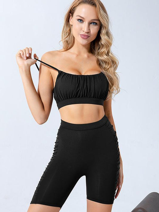 Solid Color Ruffled Spaghetti-Neck Bra&Shorts Yoga Suits