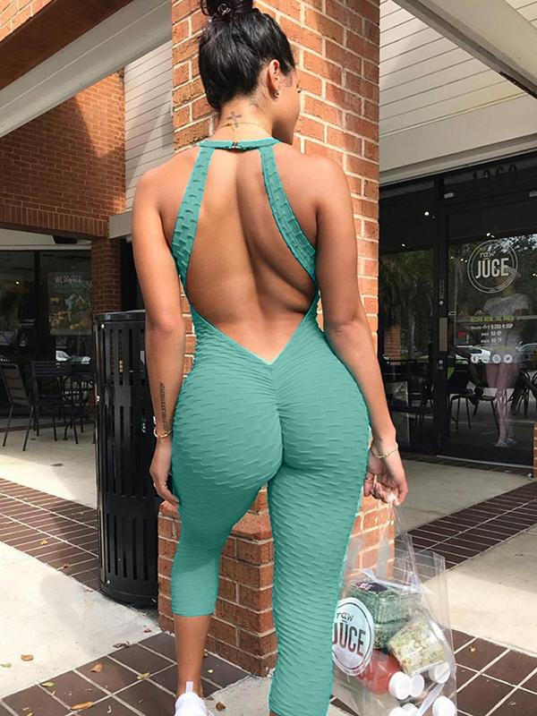 Solid Honeycomb Pattern Backless Yoga Jumpsuits