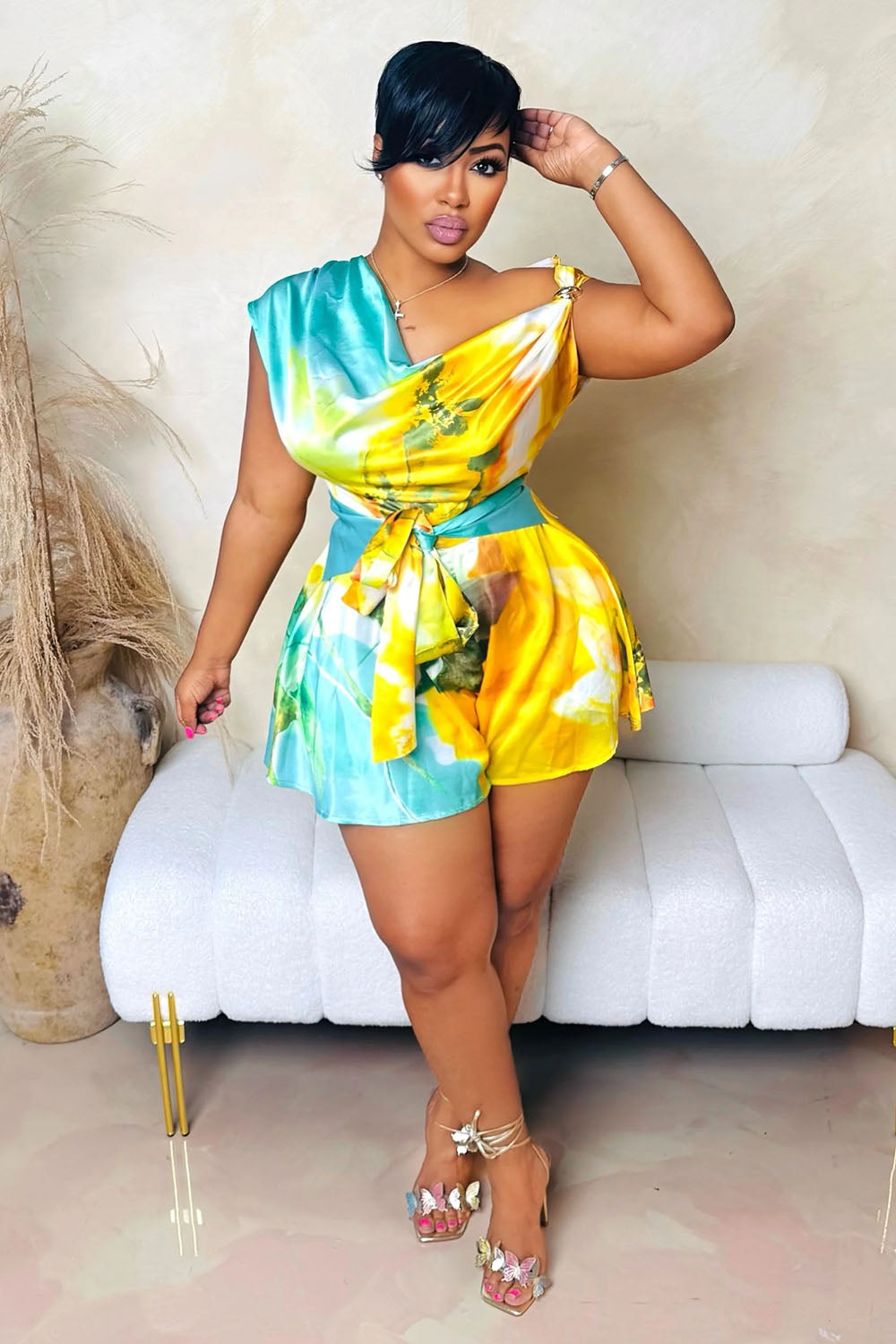 Asymmetric Cowl Neck Abstract Print Vacation Romper Playsuit-Red [Pre Order]