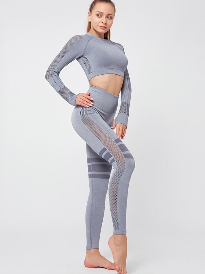 Mesh Hollow Striped Bare Midriff Yoga Suits