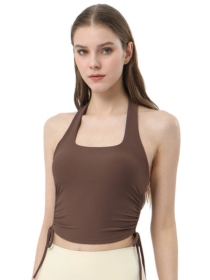 Backless Drawstring Solid Color Halter-Neck Yoga Tops