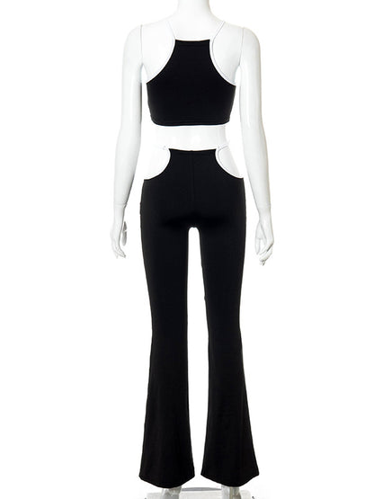 Color-Block Belly-Hollow Wrap Skinny Spaghetti-Neck Suits