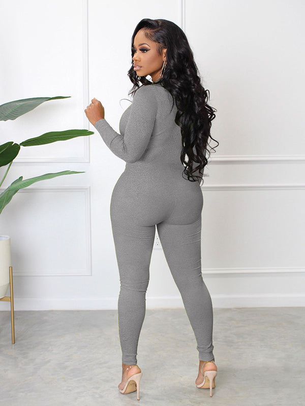 Skinny Solid Color Zipper Jumpsuits